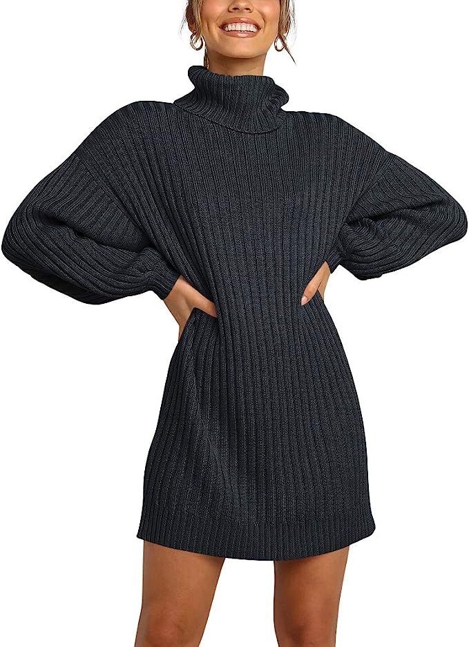 Caracilia Women Turtleneck Long Lantern Sleeve Casual Loose Oversized Sweater Dress Soft Winter P... | Amazon (US)