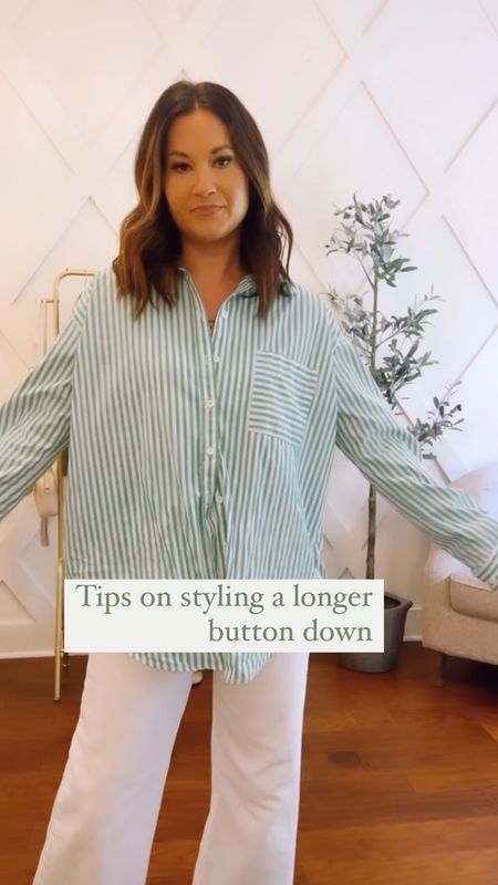 A fun way to tuck a longer button down for spring and summer- you ca n use fashion tape to hold down the collar or use the stitchy gun! Style tips - casual outfit ideas 

#LTKVideo #LTKstyletip #LTKSeasonal