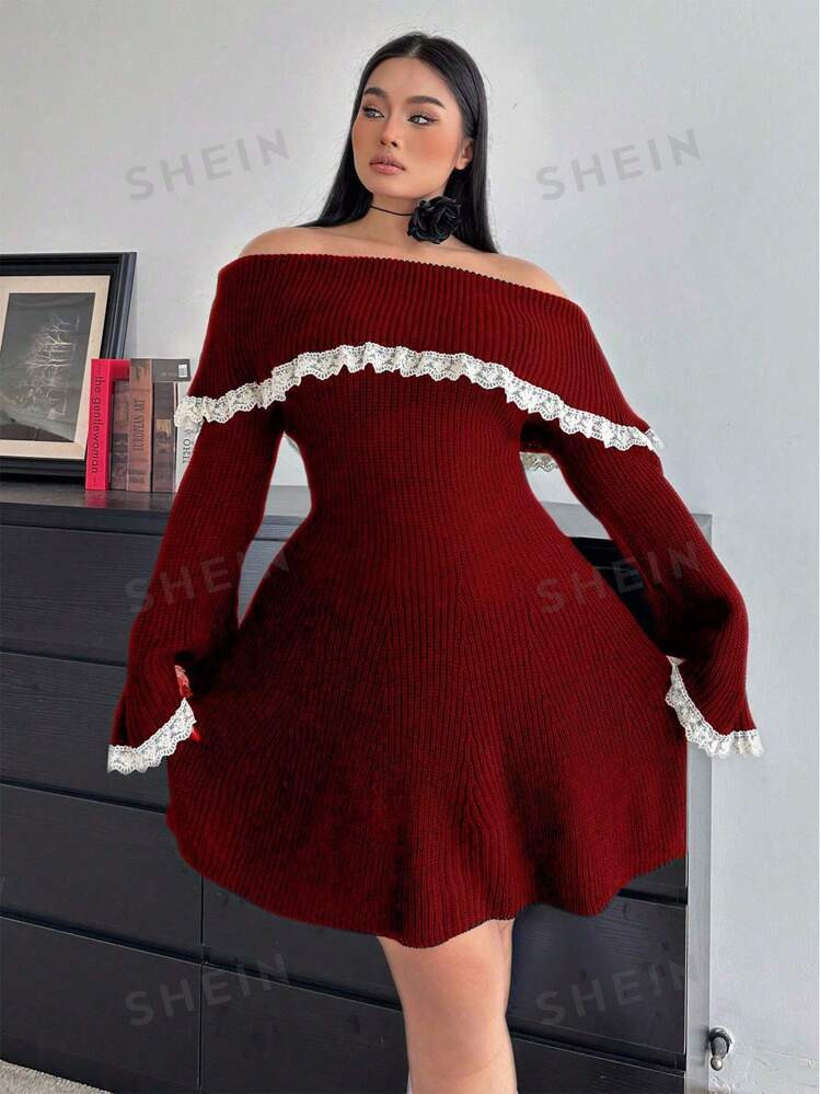 SHEIN POPSWAY Plus Size Off Shoulder Lace Contrast Elegant Long Sleeve Christmas Sweater Dress | SHEIN