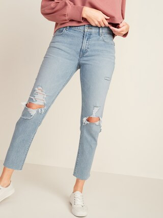 Mid-Rise Distressed Boyfriend Straight Jeans for Women | Old Navy (US)