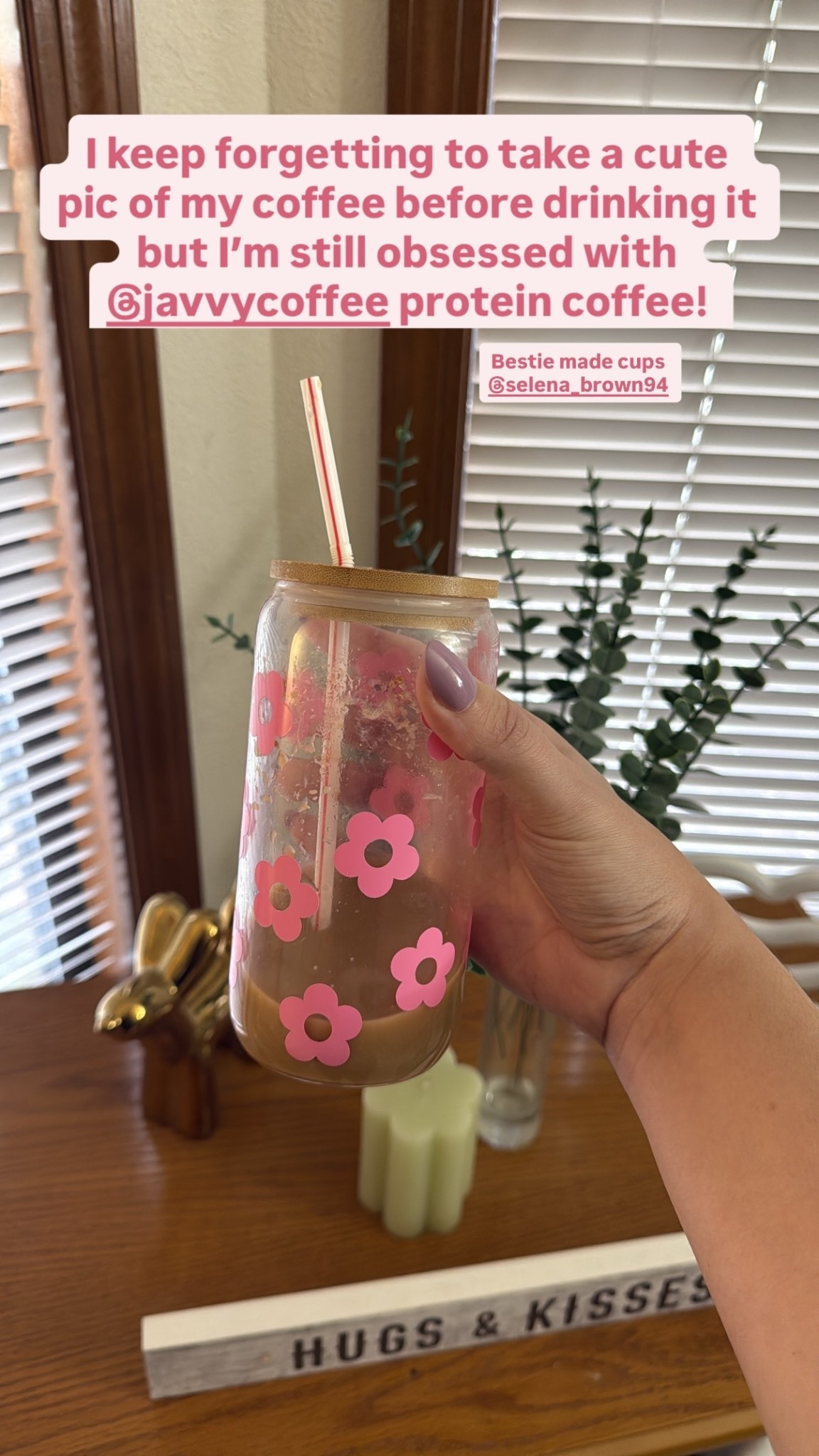 I keep forgetting to take a cute pic of my coffee before drinking it but I’m still obsessed with @javvycoffee protein coffee caramel, olive & June prairie nails 