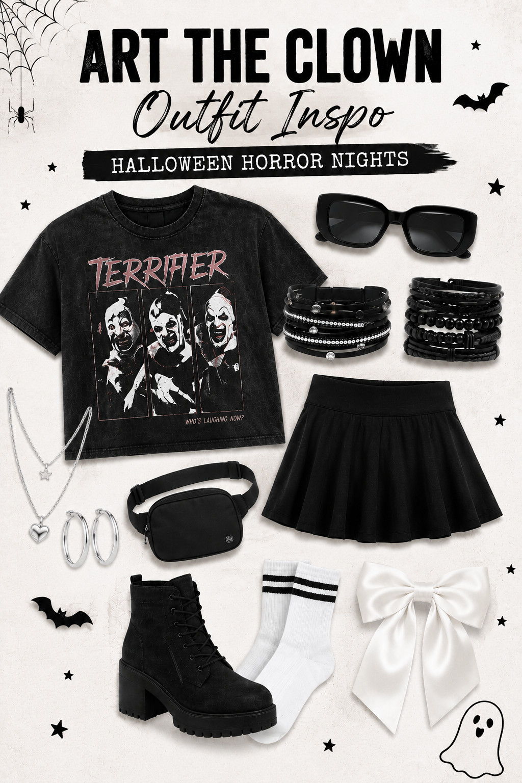 If you're heading to Halloween Horror Nights and want an outfit inspired by Art the Clown without wearing a full costume, this look is for you. 🖤🤍 I rounded up my favorite black-and-white pieces that are cute, comfortable for long park nights, and perfect for the spooky season. Shop the full outfit and accessories through my LTK! 🎃👻 

 #LTKootd #LTKSeasonal