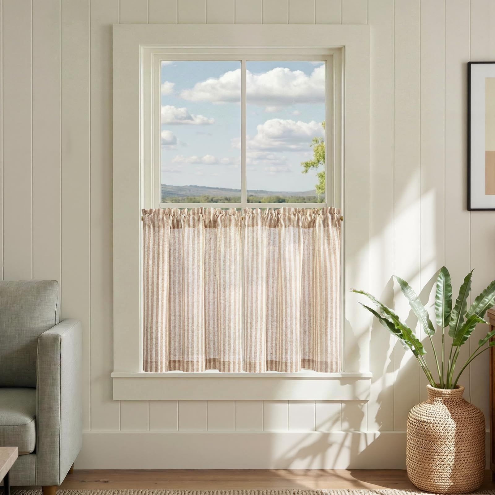 jinchan Striped Linen Kitchen Curtains 24 Inches Length Tier Curtains Farmhouse Modern Cafe Style... | Amazon (US)