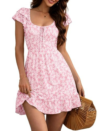 OWIN Women’s Summer Floral Mini Dress Square Neck Short Flutter Sleeve A-Line Casual Vacation Sundress Pink White Floral M | Amazon (US)