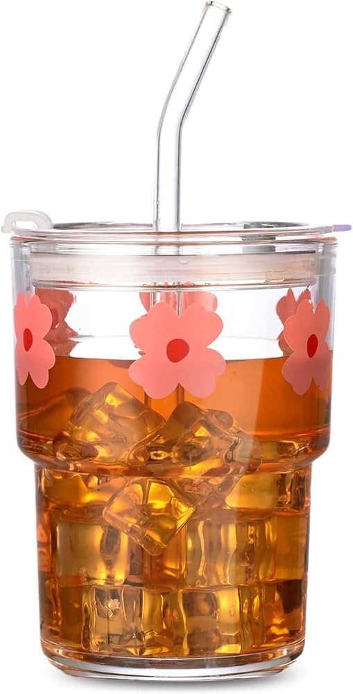 13oz Glass Tumbler with Glass Straw and Lid, Reusable Iced Coffee Cups, Coffee Tumbler, Glass Cof... | Amazon (US)