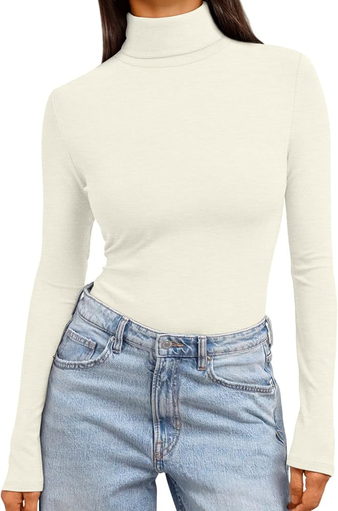 Trendy Queen Women's Turtleneck Long Sleeve Shirts Spring Fashion Basic Thermal Underwear Tops Wi... | Amazon (US)