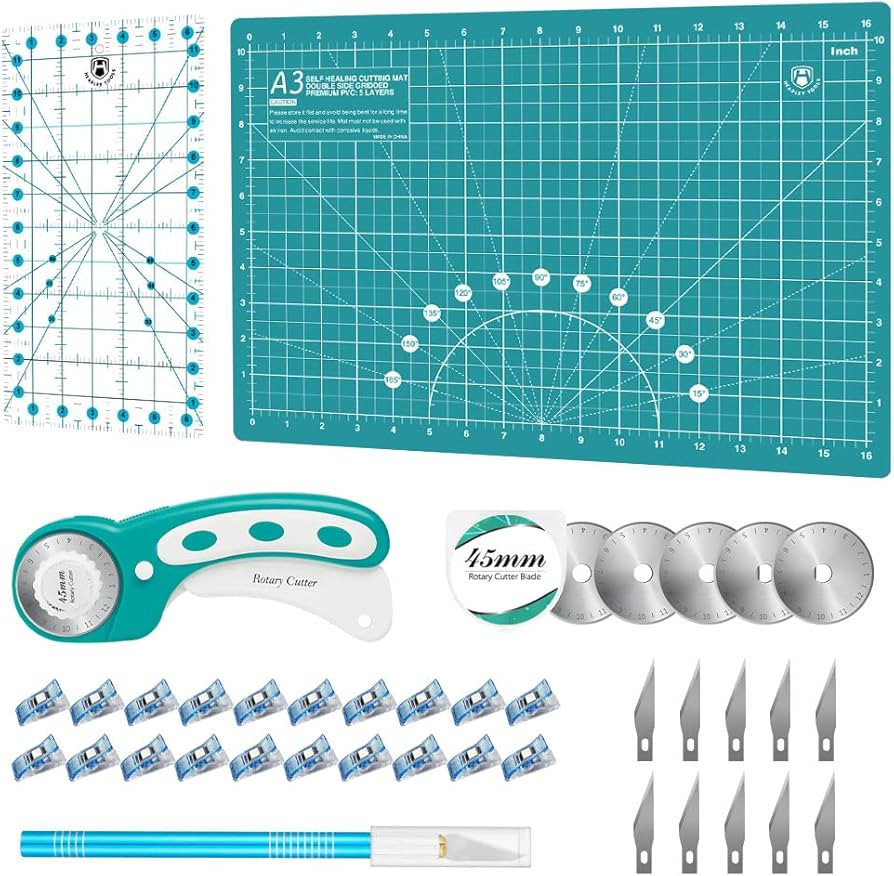 Headley Tools Rotary Cutter Set - 45mm Fabric Cutter, 5 Extra Rotary Blades, A3 Cutting Mat, Quil... | Amazon (US)