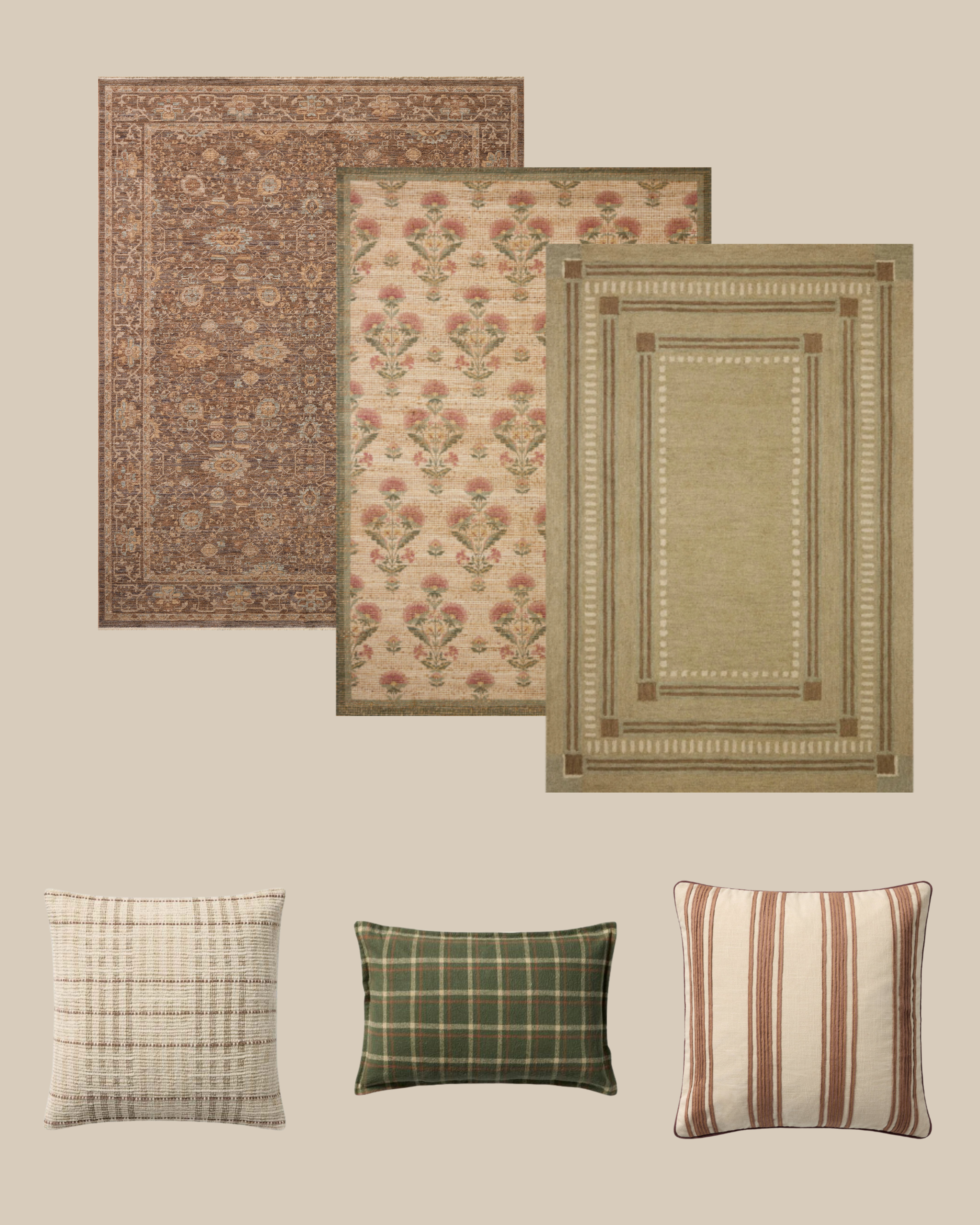 Mix & Match Rugs: Traditional Pattern + Large Scale Floral + Bordered & the pillows we'd pair with them.  

 #LTKHome
