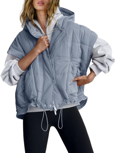 Nirovien Womens Oversized Puffer Vest Sleeveless Quilted Jackets Button Zip Up Hoodie Poncho Coats with Pockets(Grey Blue,XS) | Amazon (US)