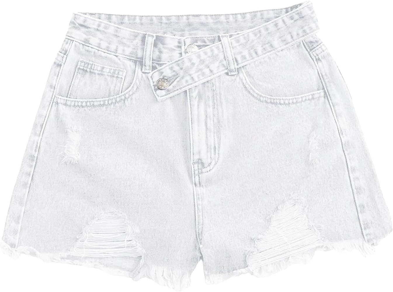 SweatyRocks Women's Casual High Waist Raw Hem Ripped Denim Jean Shorts with Pocket | Amazon (US)