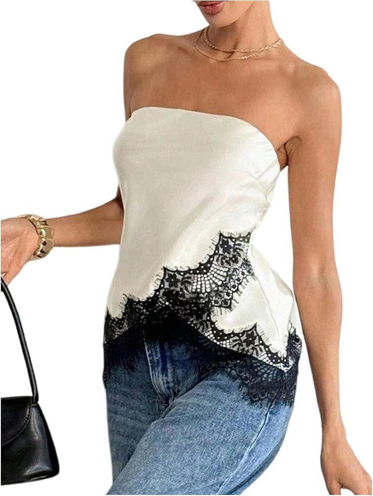 SweatyRocks Women's Satin Lace Tube Top Open Back Asymmetrical Bandeau Tops Y2k Going Out Outfits | Amazon (US)