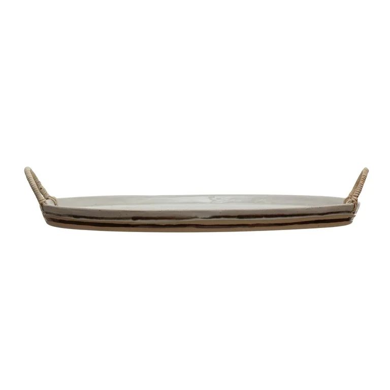 Creative Co-Op Stoneware Platter with Rattan Wrapped Handles, Reactive Glaze, White & Brown (Each... | Walmart (US)