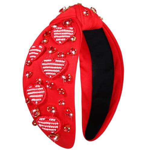 Valentine’s Day Heart Headbands for Women Valentine’s Day Accessories Jeweled Beaded Hearts Knotted Headband Pink Red Rhinestone Wide Top Knot Headband Valentine Party Favors Gifts (Heart Headband 1) | Amazon (US)