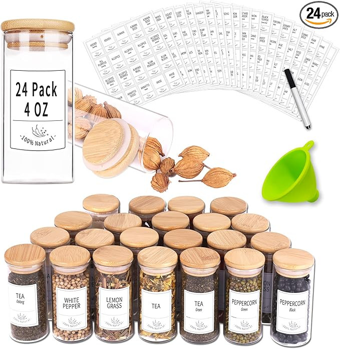 24 Glass Spice Jars with Bamboo Airtight Lids, 400 Spice Labels, Funnel and Chalk Marker Set- Chu... | Amazon (US)