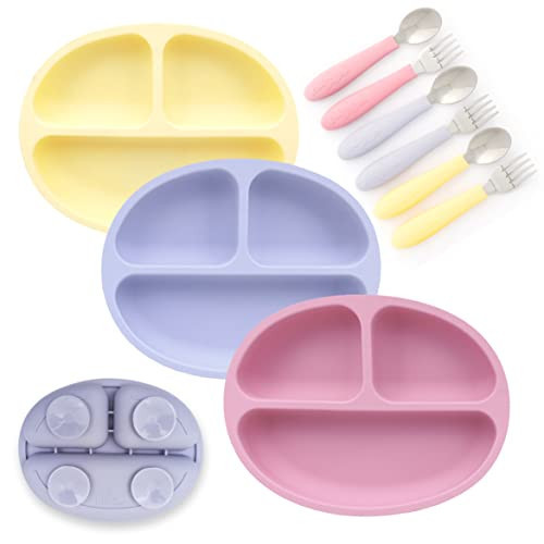 Elk and Friends Silicone Suction Plate for Babies/Toddlers + Stainless Steel Silverware Feeding Set | Divided Plate | Suction Design | Forks + Spoons Included | 3 Pack | Amazon (US)