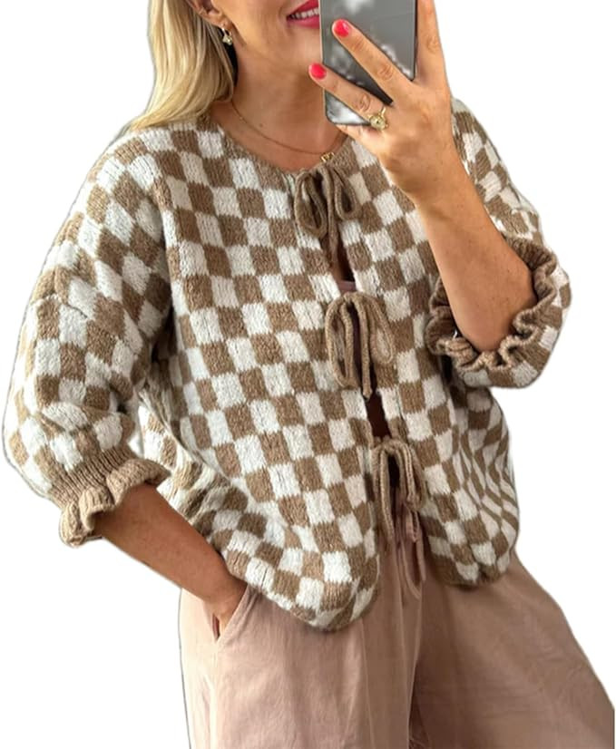 Women Y2K Tie Front Cardigan Sweater Ruffle Short Sleeve Checkered Open Front Knit Sweater Cute L... | Amazon (US)