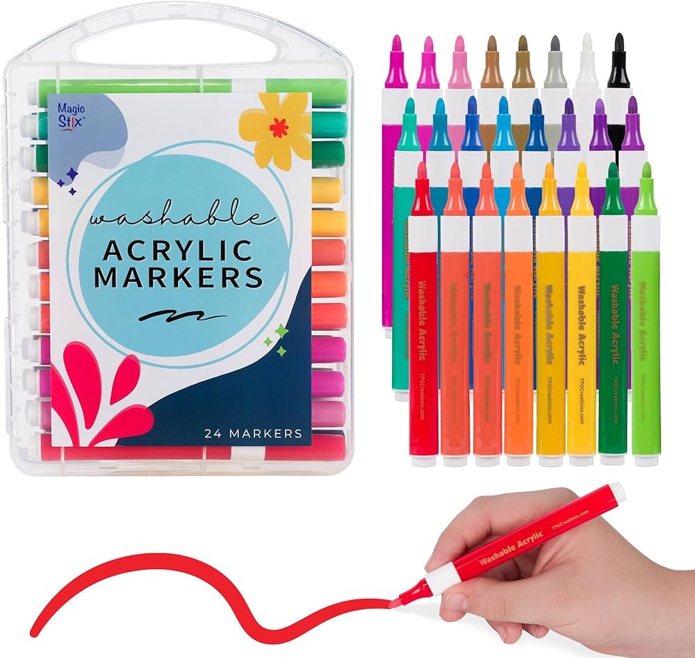 Washable Acrylic Markers for Kids and Teens, 24 Non-Toxic Colors, Allergen-Free, Vibrant Paint Pe... | Amazon (US)