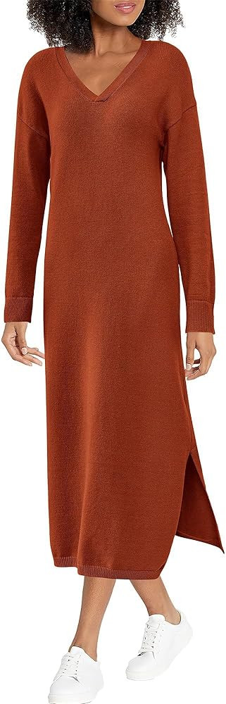 BTFBM Womens Fall Fashion 2025 Sweater Dress Casual V Neck Long Sleeve Slit Knit Oversized Sweate... | Amazon (US)