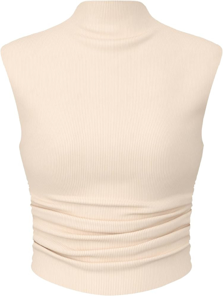 CIDER Women Solid High Neck Sleeveless Ruched Basic Cropped Tank Top Going Out Tops Trendy 2025 S... | Amazon (US)