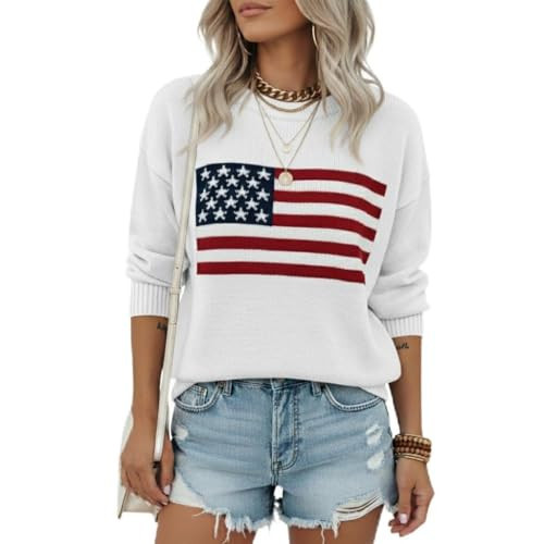 Grewear Women's American Flag Pattern Long Sleeve Lightweight Round Neck Sweater Casual Loose Pullover Sweater Independence's Day Gift USA American Flag Sweaters Women S White LSL | Amazon (US)