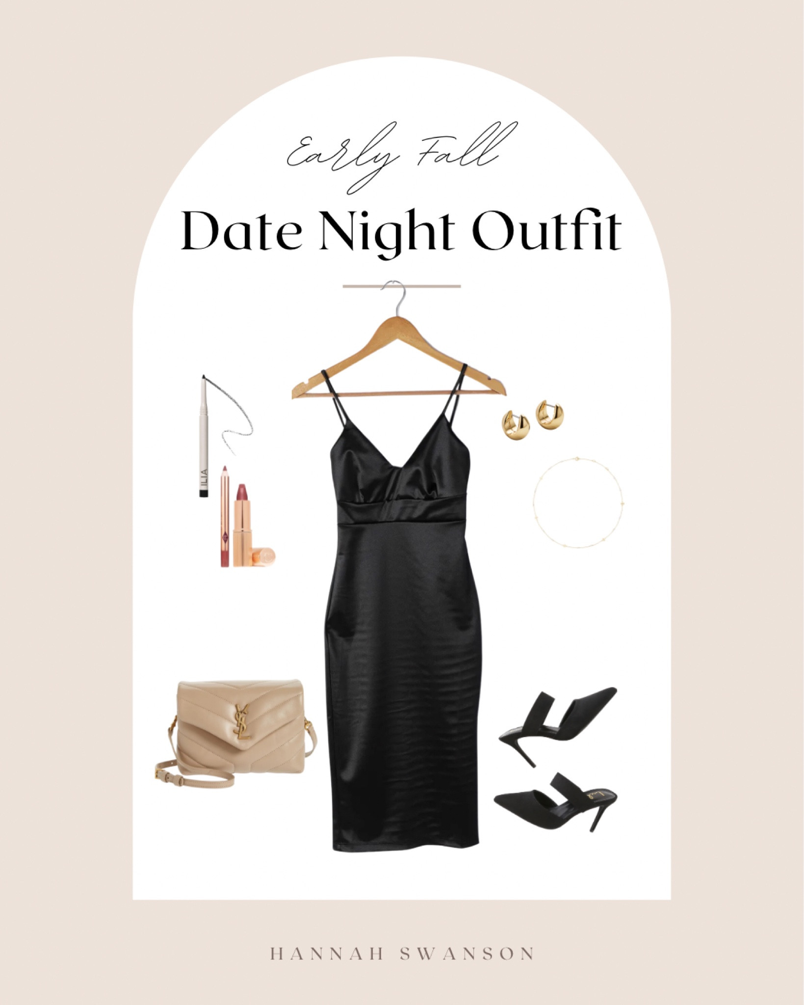Cocktail dress. Fall outfit. Fall date night look. Black dress. Kitten heels. Chunky gold hoop earrings. Beige purse. Little black dress. Date night outfit. Skill dress. Ilia beauty.

#LTKSeasonal #LTKstyletip #LTKitbag