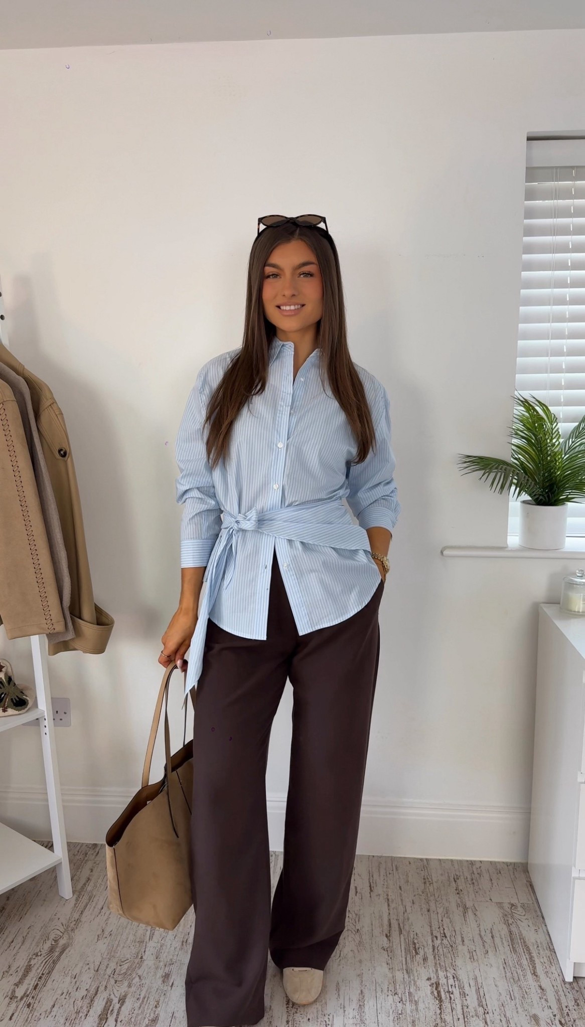 🤎 blue stripe shirt with tie waist for Spring brown Sloane Abercrombie trousers adidas Tokyo trainers sneakers shopper bag 

#LTKgrwm #LTKSeasonal #LTKootd