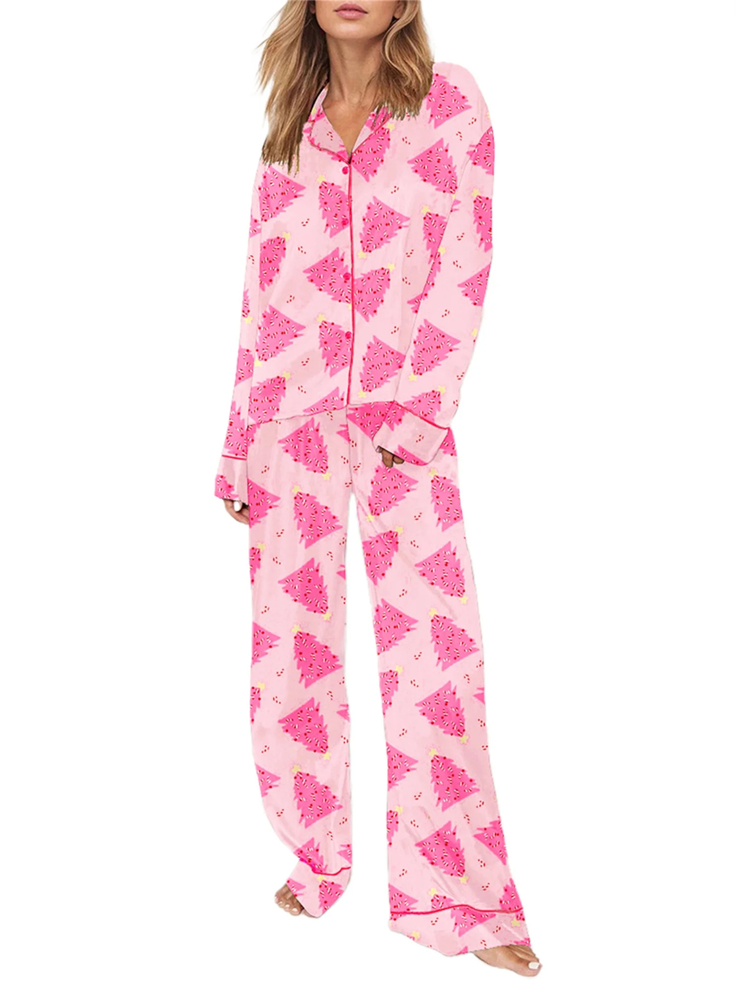 Rdhnmea Women Christmas Pajamas Set 2 Pieces Loungewear Suits Bow/Santa/Tree Print Long Sleeve Sh... | Walmart (US)