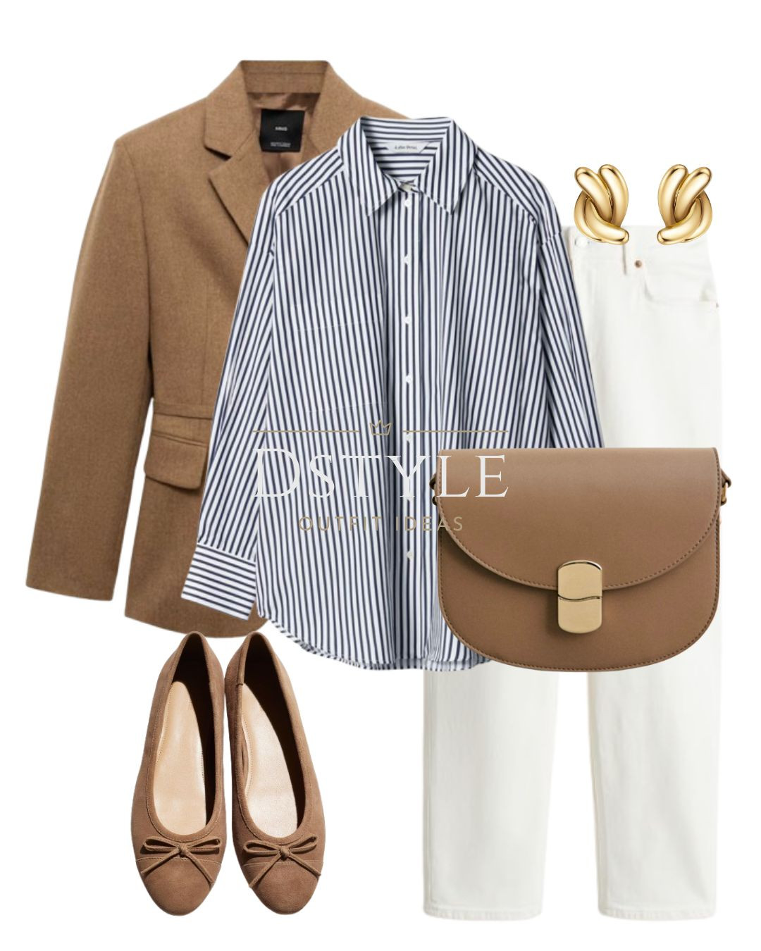 Oversized striped shirt, tobacco brown wool-blend blazer, white straight jeans, taupe bag, dark beige leather ballet pumps. 

 #LTKWorkwear #LTKShoeCrush #LTKItBag