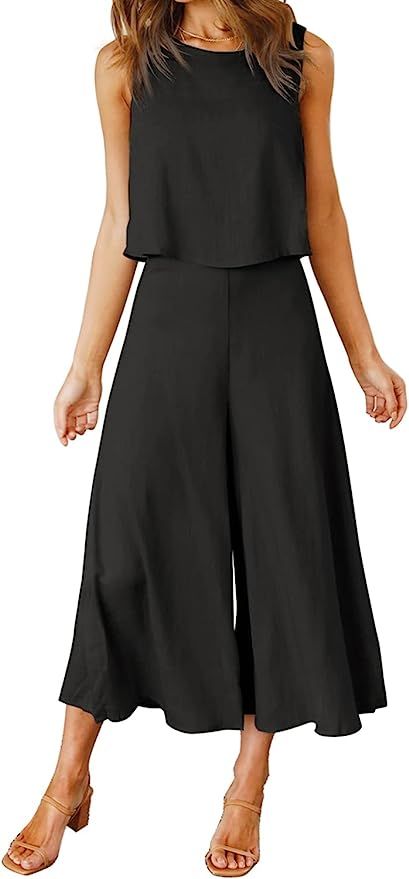 ROYLAMP Women's Summer 2 Piece Outfits Round Neck Crop Basic Top Cropped Wide Leg Pants Set Jumps... | Amazon (US)