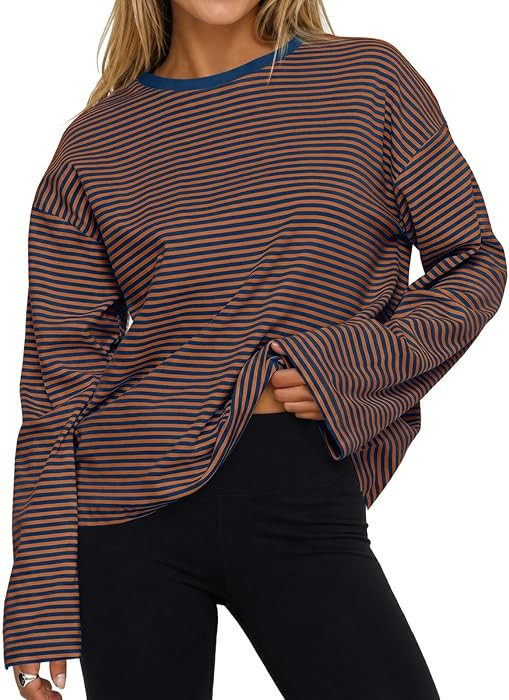 Womens Oversized Striped Long Sleeve Shirts Crew Neck Cotton Tops | Amazon (US)