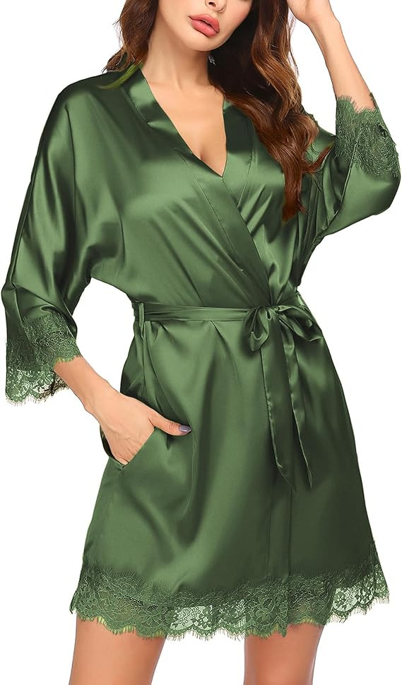 Ekouaer Womens Silk Robe Short Lace Trim Satin Robe 3/4 Sleeve Sexy Kimono Bride Bathrobe Comfy S... | Amazon (US)