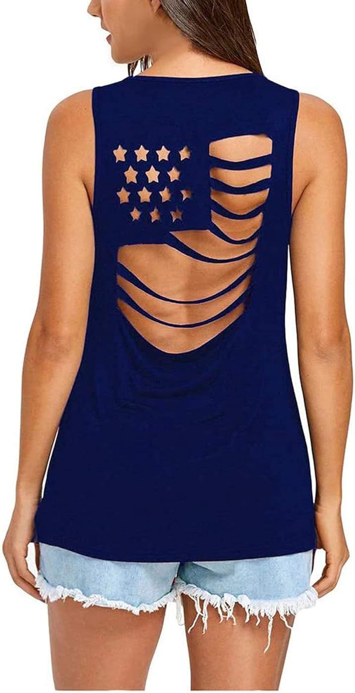 Women Casual American Flag Pattem Sleeveless T-Shirt Hollow Out Top Carved a Hole Sleeveless Tank | Amazon (US)