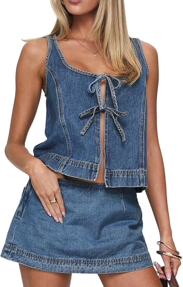 Molilove Women's 2 Piece Denim Outfits Tie Up Sleeveless Top Shorts Set Tracksuit Y2k Two Piece J... | Amazon (US)