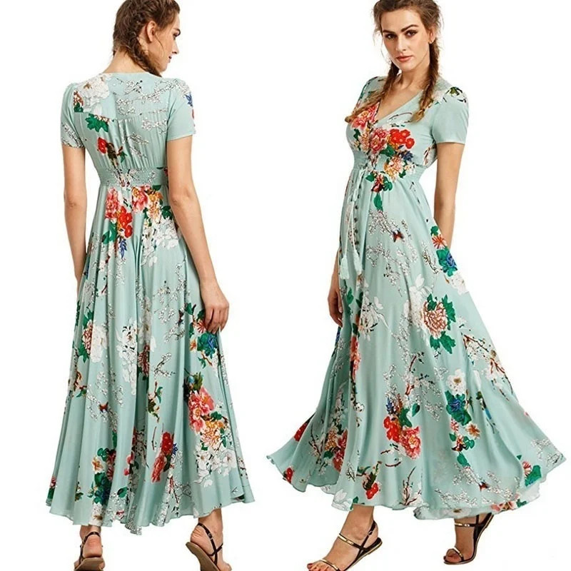 Womens Fashion Bohemian V Neck Print Big Swing Long Dress | Walmart (US)