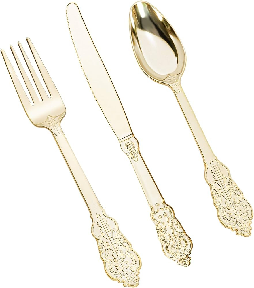 HOMIP 80PCS Gold Plastic Silverware Set Disposable Utensils - Include 30 Forks, 25 Knives, 25 Spo... | Amazon (US)