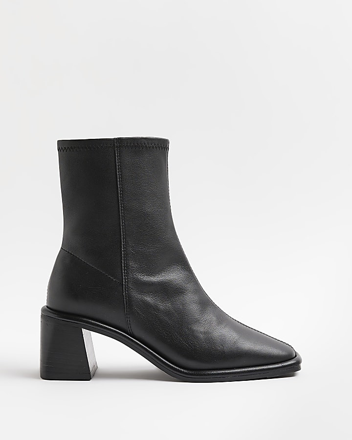 Black leather block heel ankle boots | River Island (UK & IE)