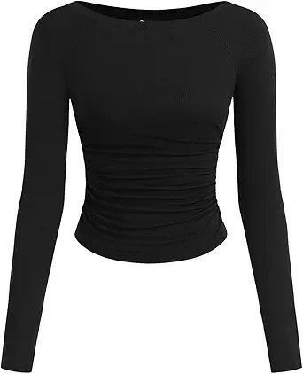 PRETTYGARDEN Long Sleeve Shirts for Women 2025 Fall Ruched Sides Boat Neck Basic Tee Casual Fitte... | Amazon (US)