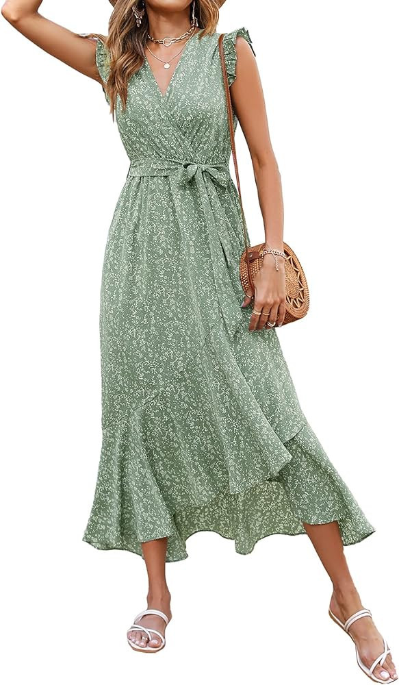 BTFBM Women Summer Dresses 2024 Ruffle Cap Sleeve V Neck Belt Wrap Split Boho Floral Long Casual ... | Amazon (US)