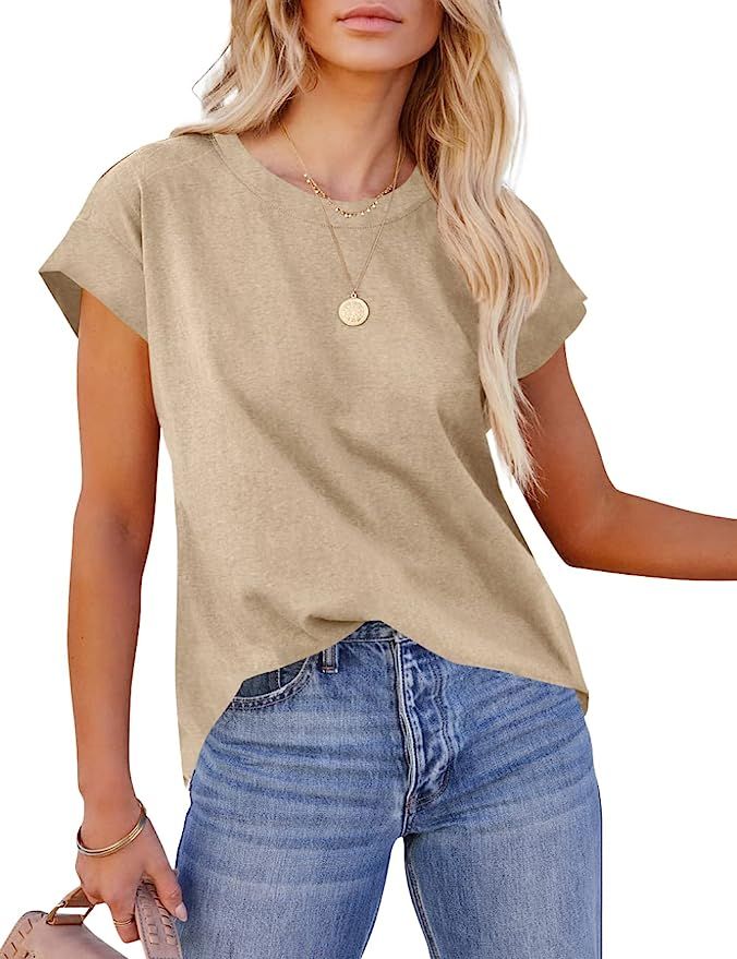 Imily Bela Womens Cap Sleeve Blouses T-Shirt Casual Loose Fit Basic Shirts Summer Tops | Amazon (US)