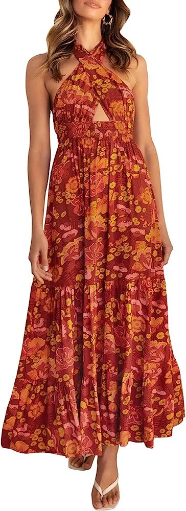 ZESICA Women's Summer Crossover Halter Neck Sleeveless Plaid Cut Out Backless Flowy A Line Maxi Dres | Amazon (US)