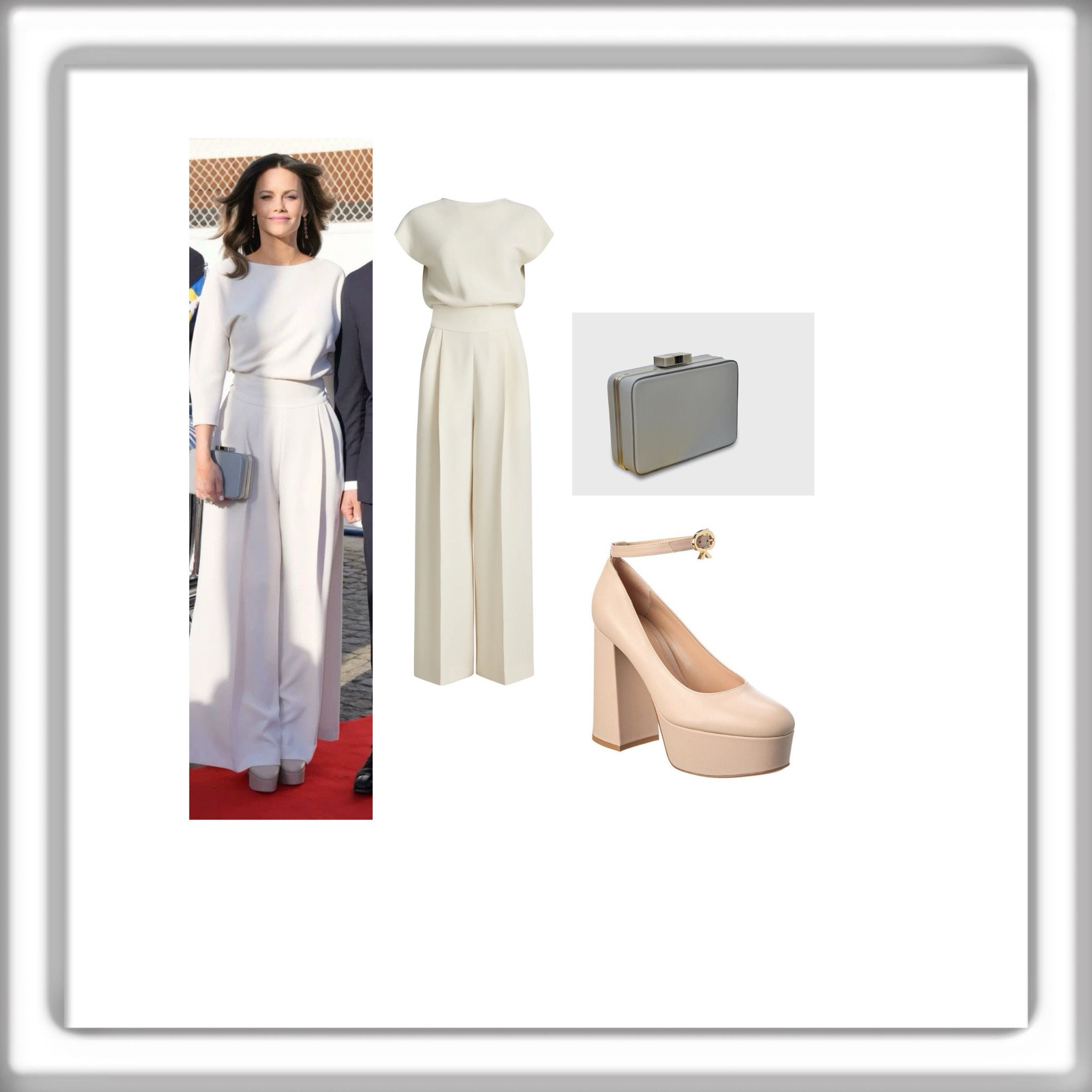 Princess Sofia of Sweden in lilli jahilo jumpsuit, Rossi platform heels and Susan szatmary clutch 