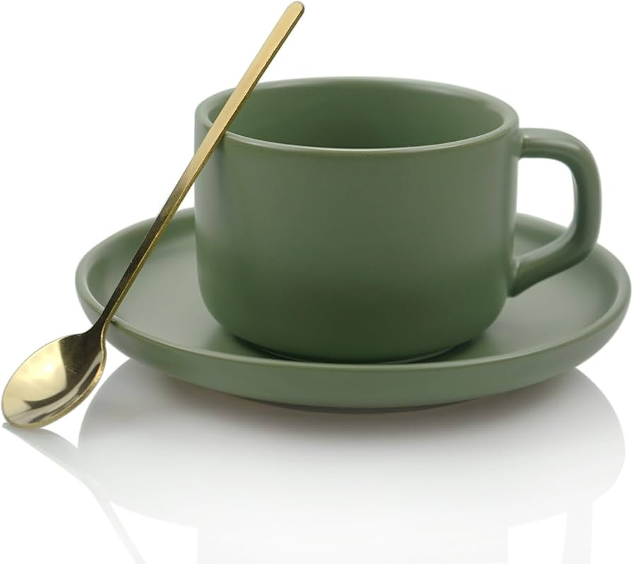 6 Ounce Porcelain Coffee Cups with Saucer and Spoon for Espresso, Latte, Cappuccino, Green | Amazon (US)