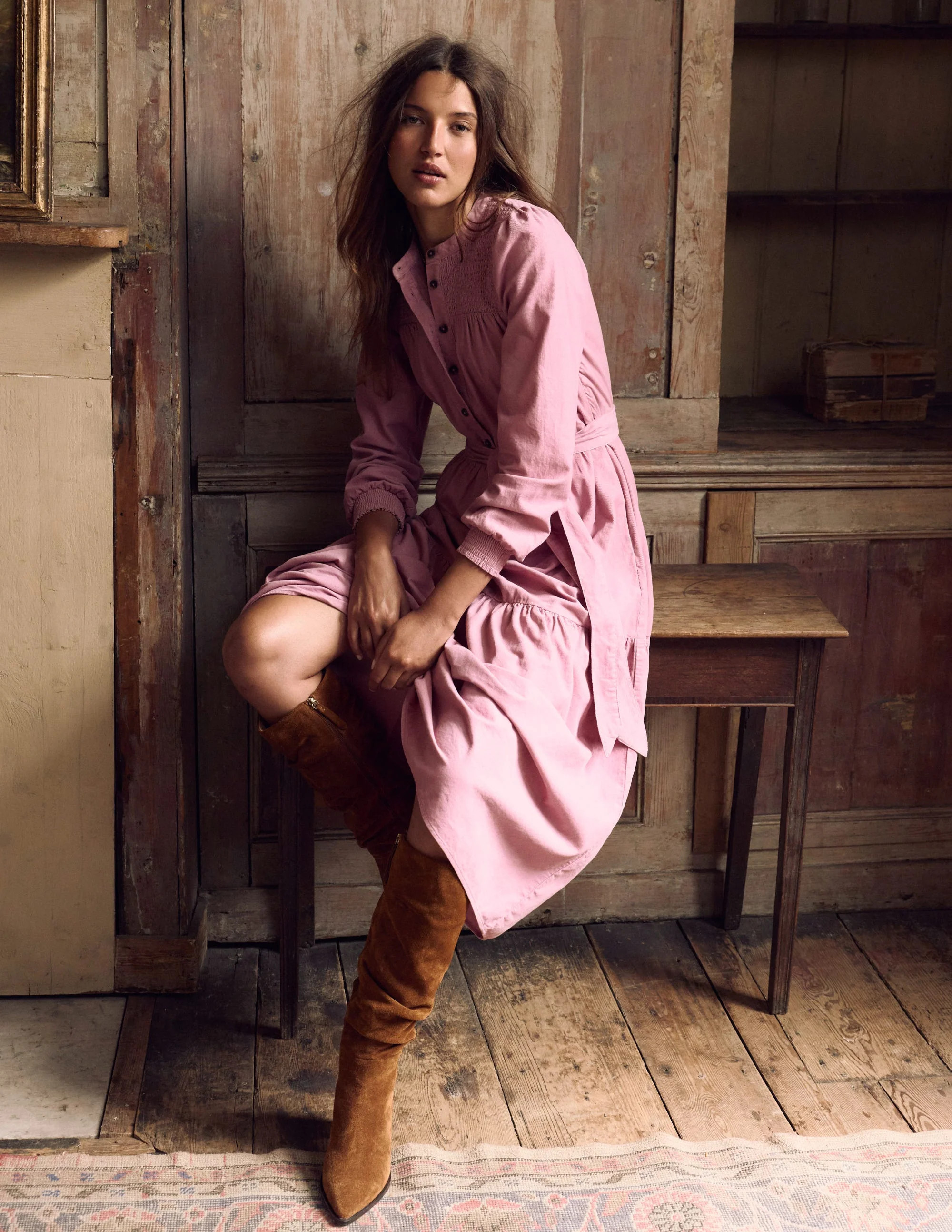 Cecily Midikleid aus Cord-Rosa Schleier | Boden DE