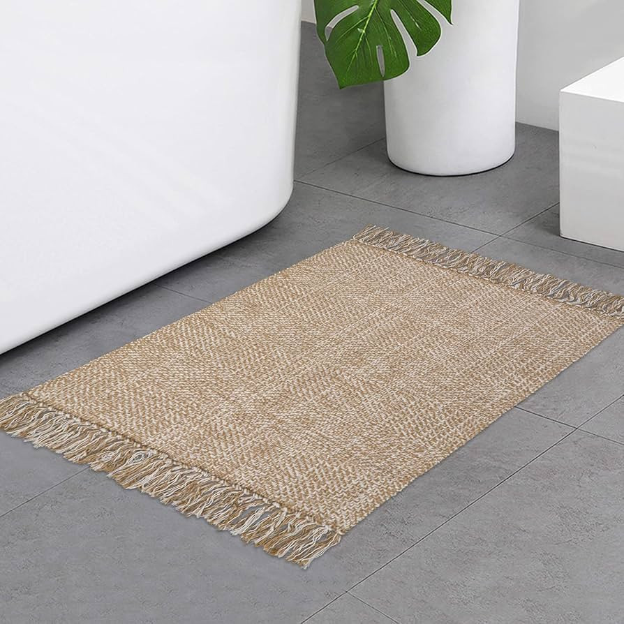 Collive Small Bathroom Rug, 2' x 3' Hand-Woven Low Profile Front Entryway Rug, Tan Cotton Reversi... | Amazon (US)