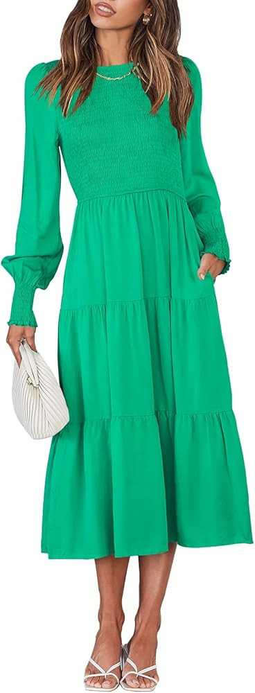 ANRABESS Women's Casual Long Sleeve Crew Neck High Waist Smocked Flowy Tiered Midi Dress | Amazon (US)