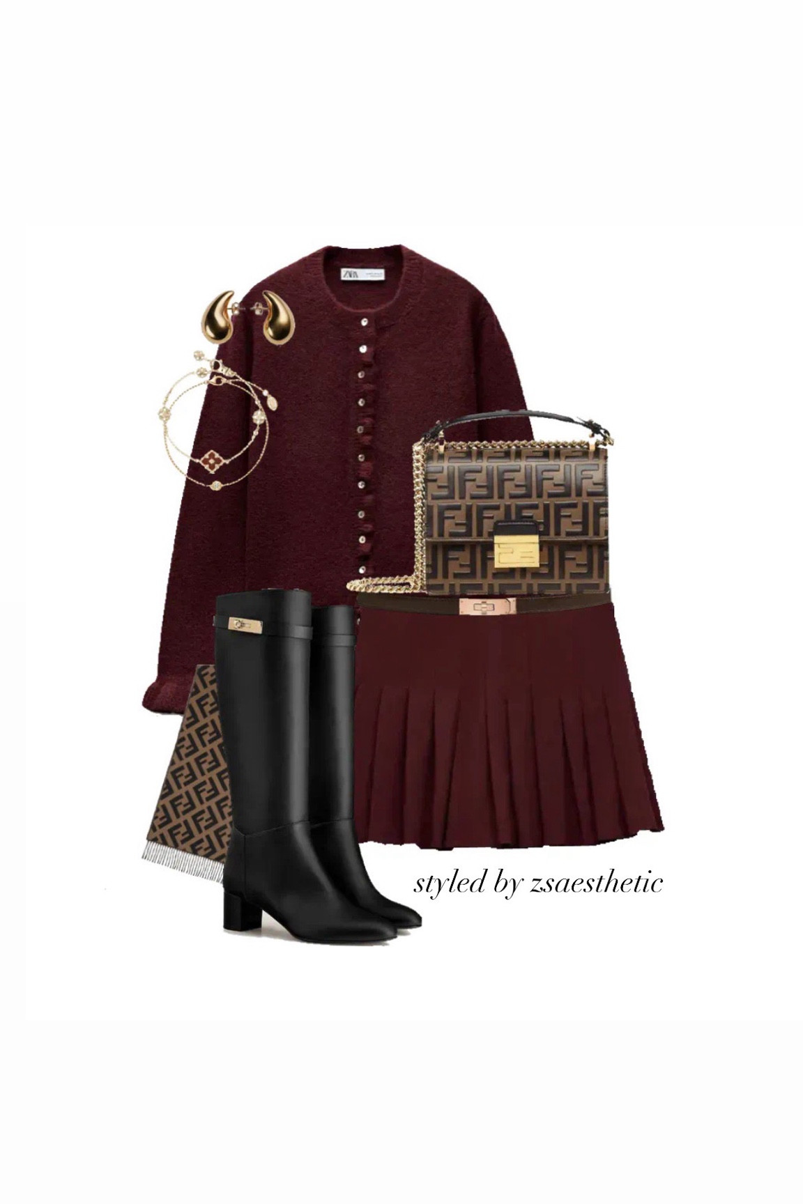 Burgundy dreams 🐆

Red Co ord 
Black knee high boots 
Fendi bag 
Red skirt 
Red jumper 
Christmas market outfits 