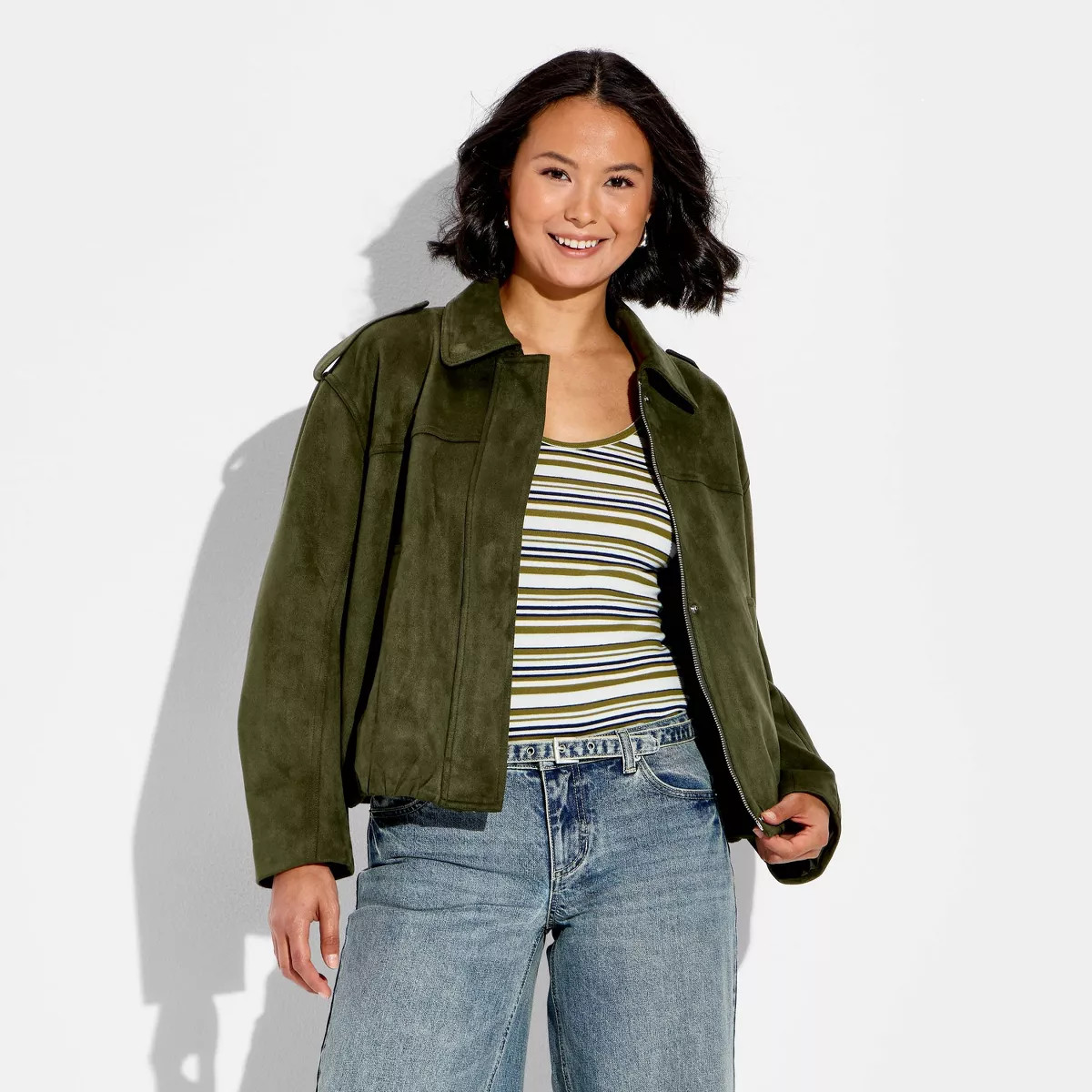 Women's Bubble Hem Faux Suede Jacket - Wild Fable\u2122 Dark Green M | Target