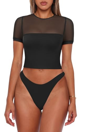REORIA Women's Summer Sexy Crew Neck Short Sleeve Sheer Mesh Going Out Tops Slim Fit T Shirts Cro... | Amazon (US)