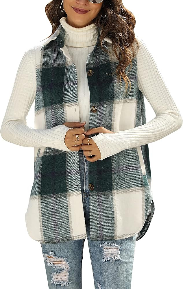 UANEO Womens Fall Flannel Plaid Vest Button Down Sleeveless Shirt Jacket With Pockets | Amazon (US)