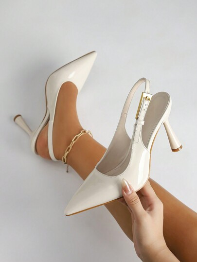 Women Pointed Toe Fashion Buckle Patent Leather Heeled Slingback Shoes | SHEIN